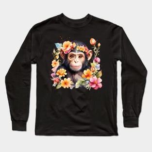 A baby chimpanzee decorated with beautiful watercolor flowers Long Sleeve T-Shirt